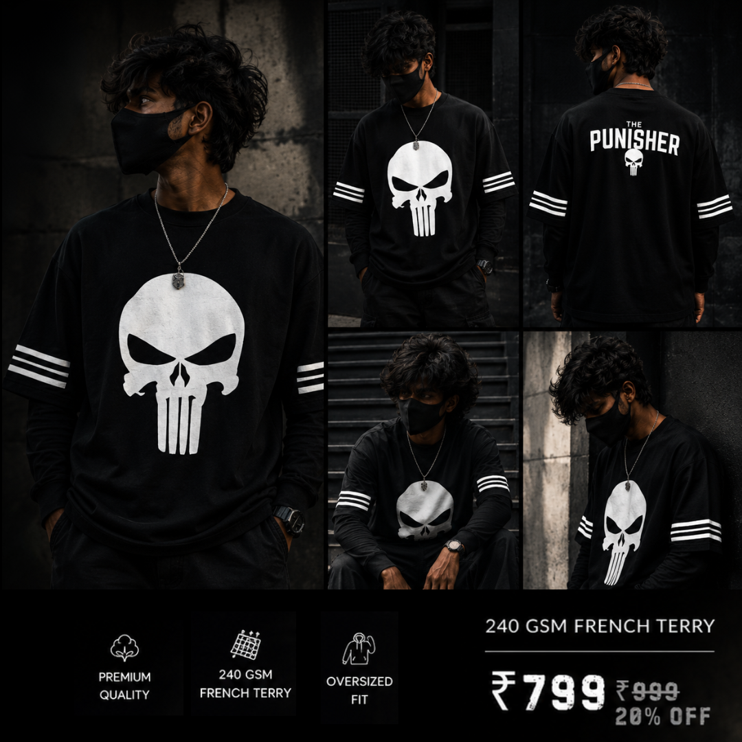 Punisher  - Lost Artifact 02 | 240 GSM French Terry Oversized | Makda Collection |Graphic Printed T Shirts for Unisex | T-shirt