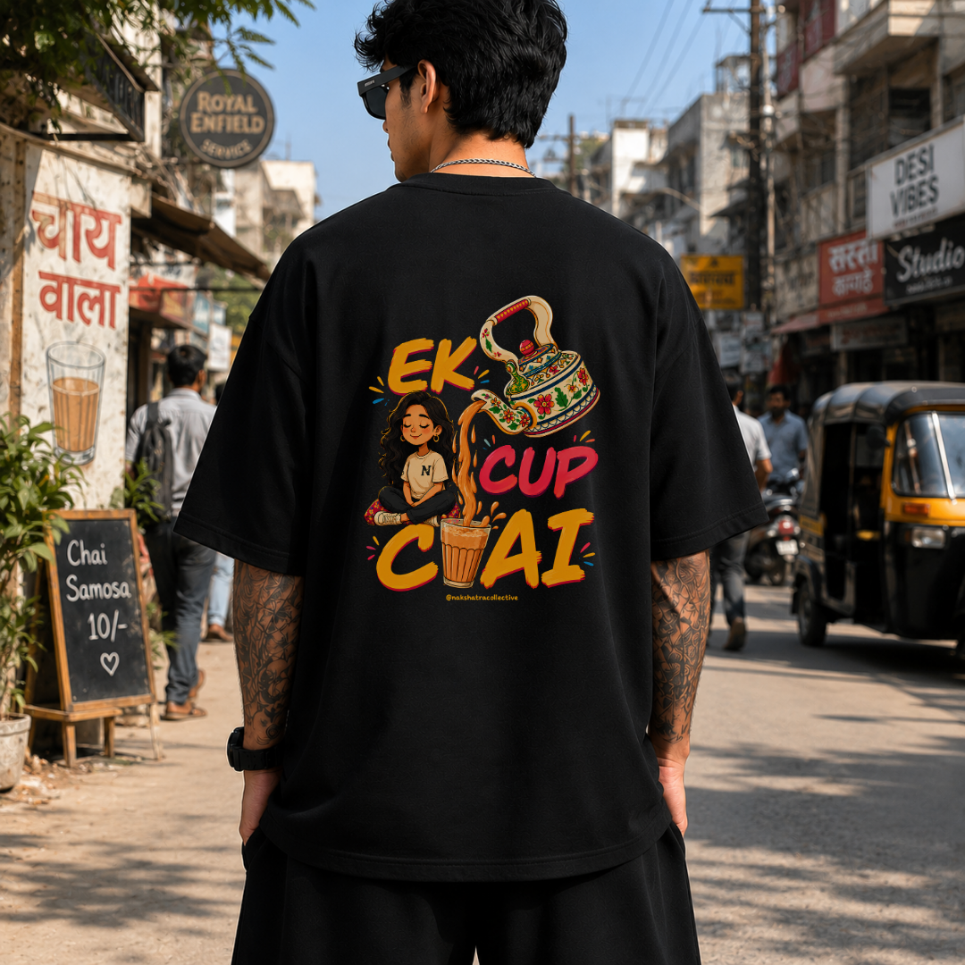 EK Cup Chai | 240 GSM French Terry Oversized | mascot Collection |Graphic Printed T Shirts for Unisex | T-shirt