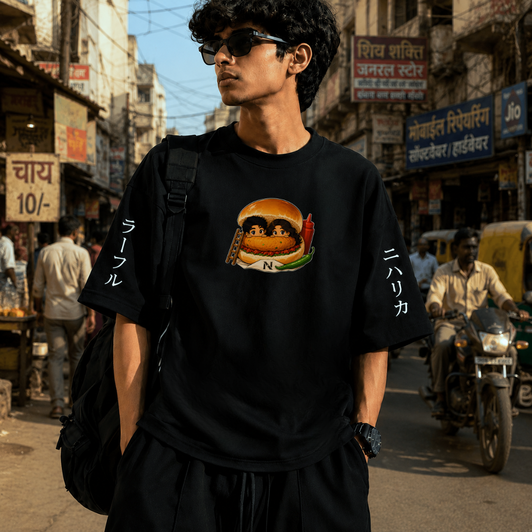 Mumbai Cha Vadapav | 240 GSM French Terry Oversized | mascot Collection |Graphic Printed T Shirts for Unisex | T-shirt
