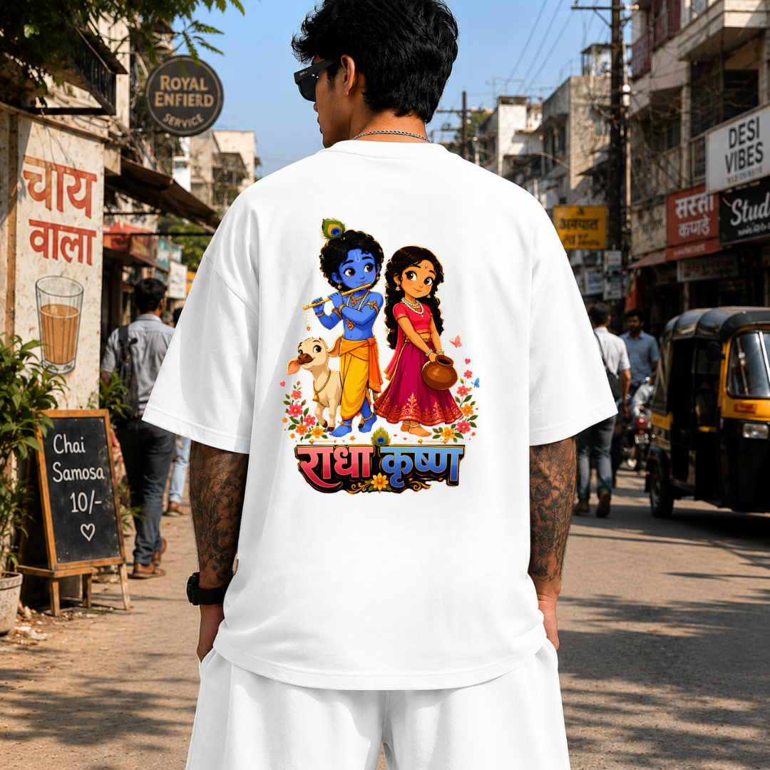 Radhe Krishna | 240 GSM French Terry Oversized | mascot Collection |Graphic Printed T Shirts for Unisex | T-shirt