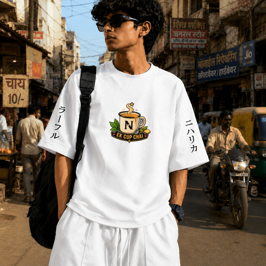 EK Cup Chai | 240 GSM French Terry Oversized | mascot Collection |Graphic Printed T Shirts for Unisex | T-shirt