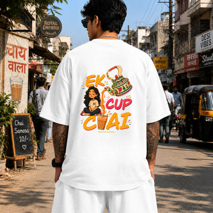 EK Cup Chai | 240 GSM French Terry Oversized | mascot Collection |Graphic Printed T Shirts for Unisex | T-shirt